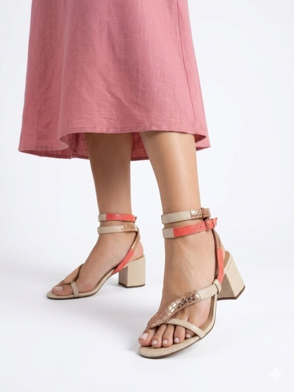 Schutz Cleo Snake Block Heel Sandals Metallic Gold Pink Ivory 10 - Picture 2 of 16